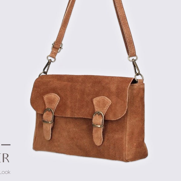 Cognac brown suede real leather crossbody bag, Genuine leather Cross body shoulder bag, messenger bag, top zip brown bag