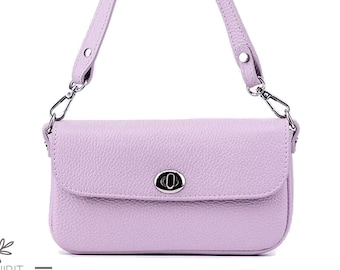 Lilac Leather Crossbody Bag: Genuine Leather Zip Purse