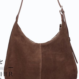 Borsa hobo in pelle scamosciata marrone: borsa a tracolla morbida