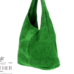 Green suede genuine leather hobo shoulder bag, Suede Leather Hobo Bag, Shopper Bag, gray color Big Laptop Bag