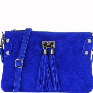 Petit sac à main en daim bleu roi, sac bandoulière bleu électrique, sac de ville, sac à main de tous les jours, sac avec pampille, sac à bandoulière en cuir naturel