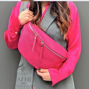 Fuchsia medium size belly bag, Crossbody XL Belly Bag, Maxi Nappa Leather Shoulder Belt Bag, Silver Details, Fanny Leather Waist, Kidney Bag