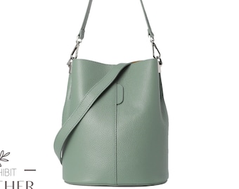 Sage Green Genuine Leather Bucket Bag, Leather Handbag