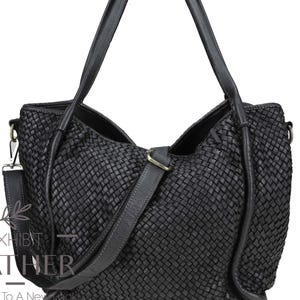 Echtleder Tote Bag mit langem Riemen, schwarze Handtasche, Geldbörse, Satteltasche, Schultertasche aus Rindsleder, Ranzen, geflochtene Lederhandtasche
