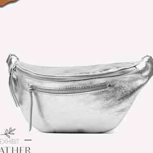 Echtleder Umhängetasche in Metallic Silber in Metallic Silber, Crossbody Echtleder, Bauchtasche, Rindsleder Umhängetasche, Reisetasche