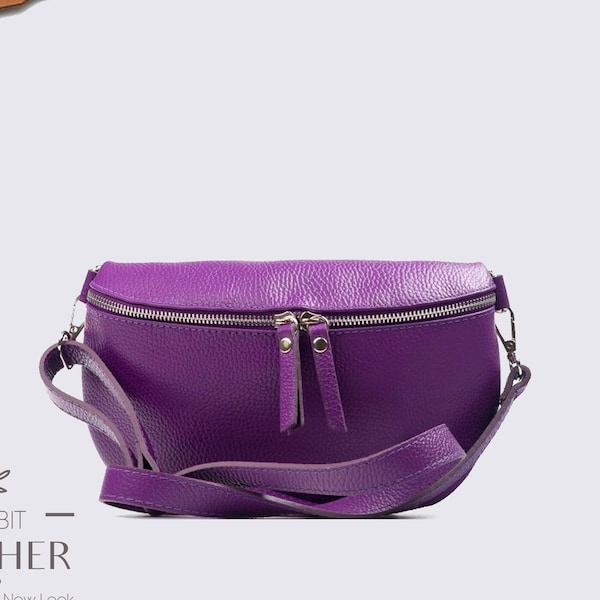 Soft leather belly bag with leather and/or purple wide strap, Leather Shoulder Pocket Bag Belt Bag Silver Details, Fanny in aubergine