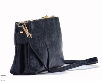 Bolso bandolera de piel azul marino: bolso multibolsillos con cremallera superior