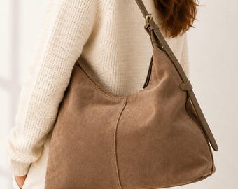 Sac hobo souple en cuir suédé véritable taupe foncé : cabas souple avec finitions dorées