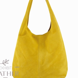 Yellow suede genuine leather hobo shoulder bag, suede leather hobo bag, shopper, yellow color slouch bag