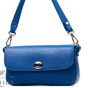 Echt Leder Umhängetasche in royal blau, Echt Leder Handtasche, Schultertasche mit Reißverschluss in royal blau, lange und kurze Bügel Tasche