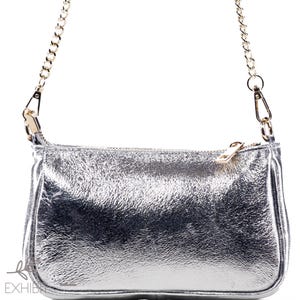 Top zip genuine leather small bag, leather Handbag, classic handbag, silver real leather clutch, cross body chain bag