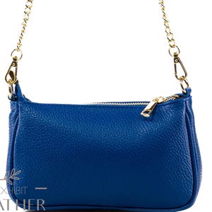 Royal Blue Leather Crossbody Bag: Small Clutch with Gold Chain