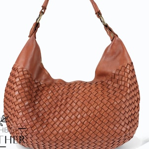 Bolso de hombro de piel lisa tejida con asa larga, bolso hobo vintage de piel lavada, bolso de piel holgado, bolso tote de piel marrón coñac