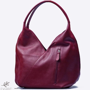 Sac hobo en cuir véritable bordeaux, sac hobo en cuir souple, sac cabas, sac à main bordeaux