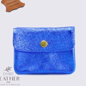 Metallic blue color genuine leather purse, small wallet in metallic silver, cringle zip case, cowhide money keys holder