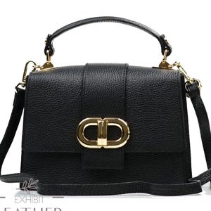 Genuine leather small handbag in black, cowhide top handle real leather purse with adjustable strap, double strap black shoulder cross body