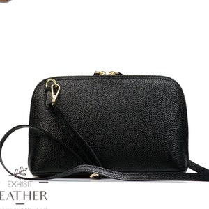 Black real leather full zip shoulder bag, Cross body leather bag, genuine leather messenger bag, stylish party bag in black