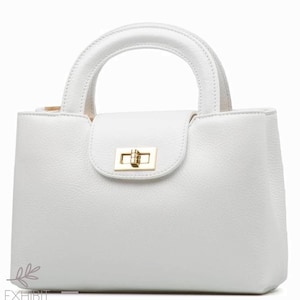 Genuine leather handbag in white, cowhide leather, top handle real leather purse with adjustable strap
