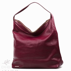 Sac à bandoulière hobo en cuir véritable bordeaux, sac fourre-tout en cuir véritable avec fermeture éclair sur le dessus, sac shopper, sac à main élégant de couleur bordeaux