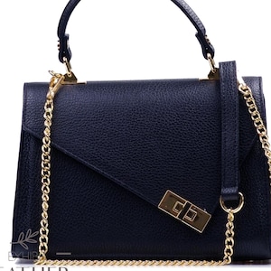 Navy Blue Leather Handbag: Elegant Crossbody Bag with Gold Chain