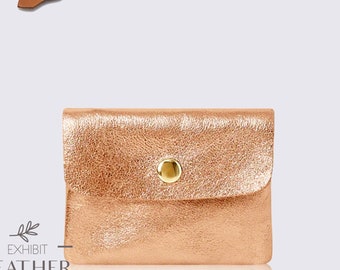 Rose Gold Leather Coin Purse: Metallic Silver Cowhide Wallet