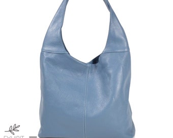 Sac hobo en cuir véritable céruléen avec fermeture éclair sur le dessus, sac hobo en cuir véritable, sac shopper, grand sac pour ordinateur portable de couleur bleue