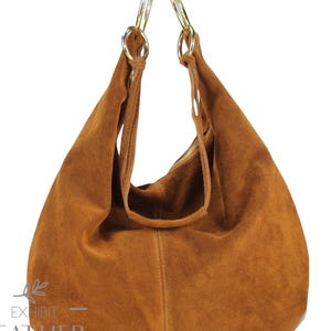 Suede genuine leather hobo shoulder bag, zip closure, slouch bag in cognac brown, black, beige, taupe, cross body bag, fully lined