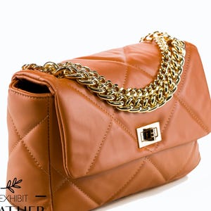 Cognac brown quilted real leather handbag with chain strap, classic handbag, brown purse, genuine leather shoulder bag, elegant clutch
