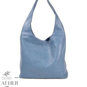 Top zip cerulean genuine leather hobo shoulder bag, real leather hobo bag, shopper bag, blue color big laptop bag