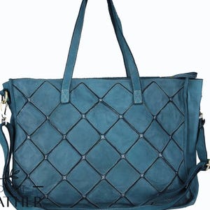 TEAL PETROL BLUE Echtleder Tragetasche mit langem Riemen Handtasche, Geldbörse, Satteltasche, Schultertasche aus Rindsleder, Glattleder Schulterriemen