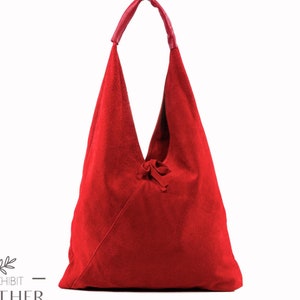 Red suede genuine leather hobo shoulder bag, natural leather red purse, soft leather bag