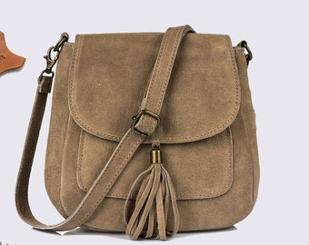 Dark taupe suede real leather small crossbody bag, Genuine leather Cross body shoulder bag, messenger bag, top zip taupe bag