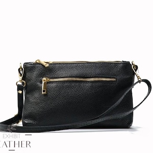 Echtleder Umhängetasche in schwarz in schwarz, Top-Reißverschluss-Handtasche, schwarzes Echtleder-Frauen-Multi-Pocket-Geldbeutel, Rindsleder-Umhängetasche, Stadttasche