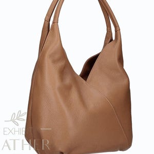 Top zip cognac brown genuine leather hobo shoulder bag, leather hobo bag, shopper bag, tan brown color big laptop bag