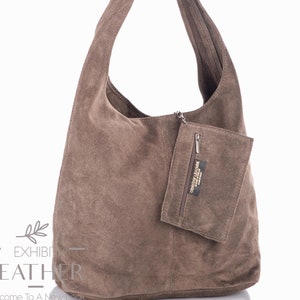 Dunkel-taupe Wildleder Echtleder Hobo Umhängetasche, Wildleder Hobo Tasche, Shopper Tasche, Blasse Farbe Big Laptop Tasche