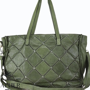 MILITARY GRÜNE Echt Leder Tote Bag mit langem Riemen, Braune Handtasche, Geldbörse, Satteltasche, Schultertasche aus Rindleder, Glattleder Schulterriemen
