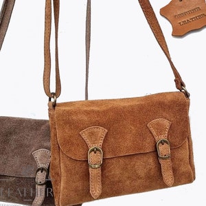 Sac à bandoulière en cuir véritable en daim à double boucle, sac à bandoulière en cuir véritable, sac messager, sac à glissière sur le dessus, sac à main de style vintage