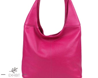 Top zip fuchsia genuine leather hobo shoulder bag, real leather hobo bag, shopper bag, dark pink elegant purse
