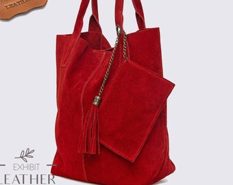 Red suede leather tote bag, Leather shoulder bag, red laptop bag, crossbody bag, leather big tote, shopper