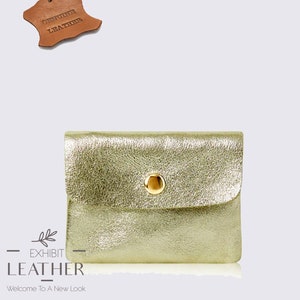 Gold color genuine leather purse, small wallet in metallic gold, cringle zip case, cowhide money keys holder