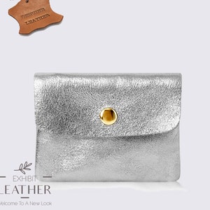 Silver genuine leather purse, small wallet in metallic silver, cringle zip case, cowhide money keys holder