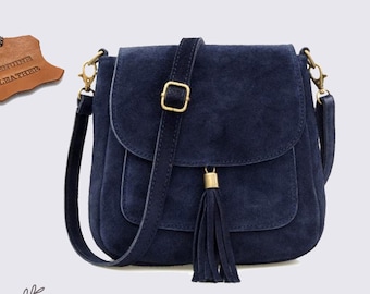 Navy blue suede small real leather crossbody bag, Genuine leather Cross body shoulder bag, messenger bag, top zip dark blue bag