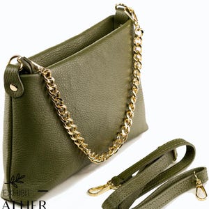 Militärgrün echt Leder im klassischen Stil Umhängetasche mit Kettenriemen, Rindsleder Geldbörse in grün, kurzen und langen Riemen