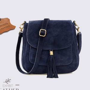 Navy Blue Suede Leather Crossbody Bag: Top Zip Messenger