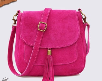 Fuchsia suede real leather small cross body bag, Genuine leather Cross body shoulder bag, messenger bag, top zip dark pink bag