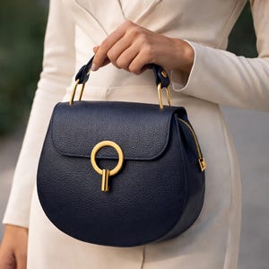 Navy Blue Italian Genuine Leather Handmade Handbag Cross Body Elegant Purse Gift for Her
