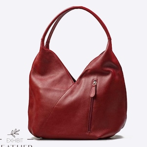 Sac hobo en cuir véritable rouge foncé, sac hobo en cuir souple, sac shopper, sac à main de couleur rouge