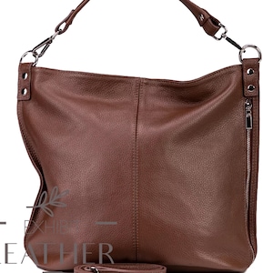 Brown genuine leather top zip shoulder bag, Leather handbag, Shopper bag, brown color big laptop bag, Real Leather Elegant Bag