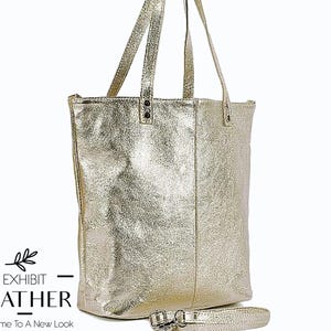 Top zip gold Leder Einkaufstasche, Leder Schultertasche, Laptop Tasche, Umhängetasche aus Leder, Shopper mit langem Riemen