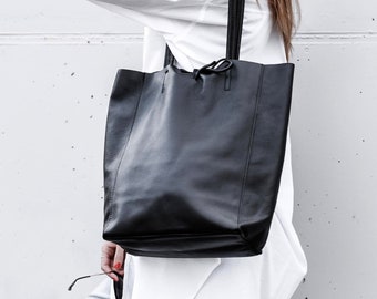 Leather tote bag in black, Leather shopper in black, Soft natural GENUINE leather shoulder bag, Large black tote bag, minimalist laptop bag